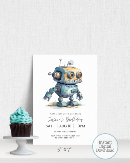 Whimsical robot illustration alongside a cupcake with teal frosting, set against a textured white background.