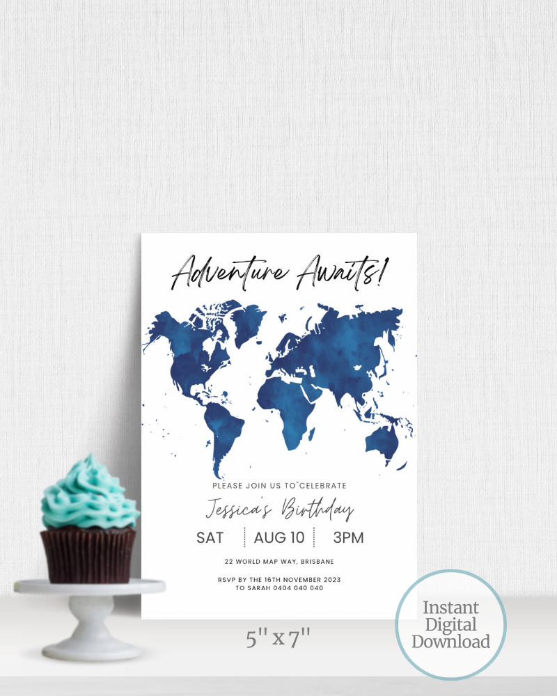 A blue watercolor world map invitation for Jessica's birthday with a cupcake on a pedestal in the foreground.