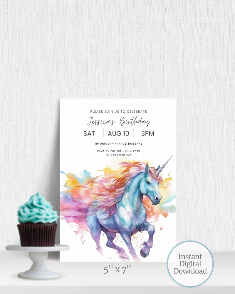 Colorful unicorn illustration with flowing mane next to a cupcake on a stand, set against a textured white background.