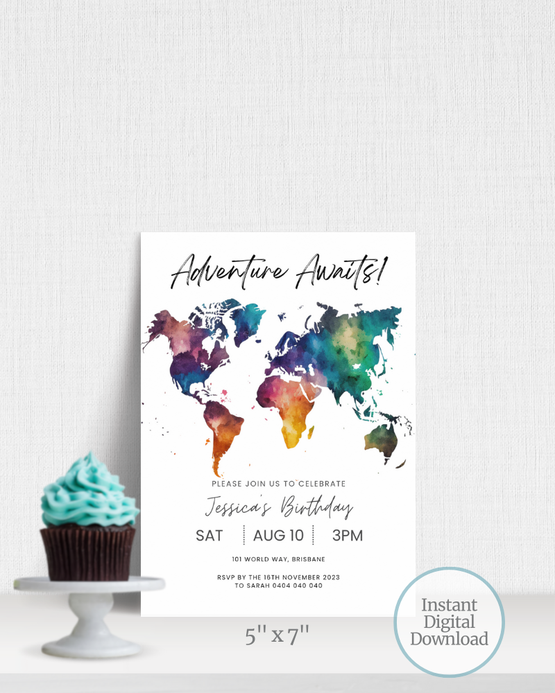 Colorful world map design with the text "Adventure Awaits!" and birthday details beside a cupcake on a stand.