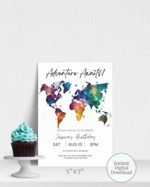 
            
                Load image into Gallery viewer, Adventure Awaits World Map Party Invite | Digital Download ALW88
            
        