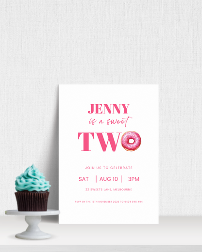 Birthday invitation featuring pink text, a donut graphic, and a cupcake with teal frosting on a white background.