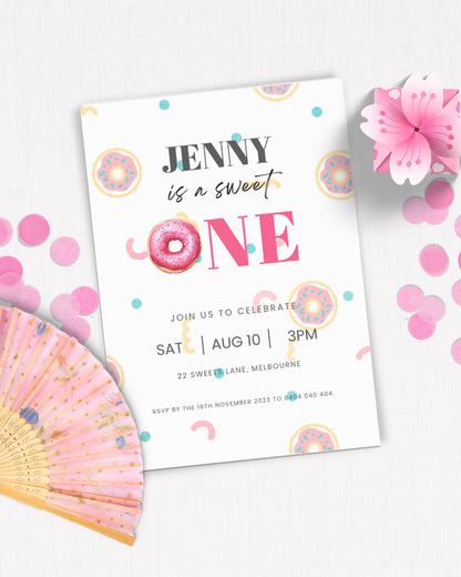 A colorful invitation featuring playful designs, announcing a birthday celebration with vibrant confetti and floral accents.