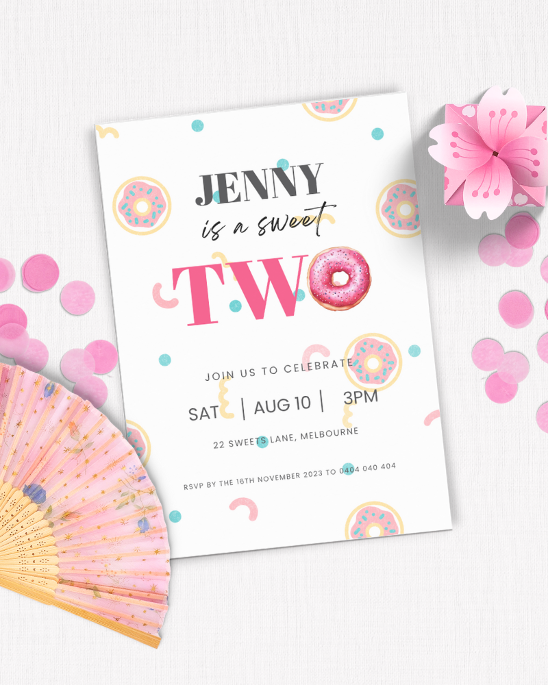 Colorful invitation featuring playful donut graphics and a pink flower, celebrating a second birthday party.