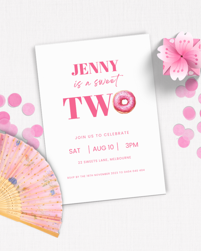 Colorful invitation featuring pink text, a donut graphic, floral fan, and confetti on a textured background.