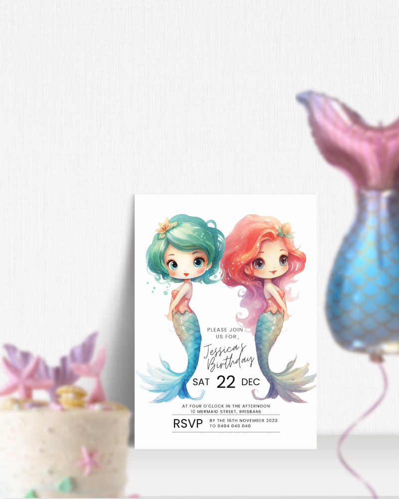 Invitation featuring two colorful mermaids with playful expressions, surrounded by a festive background and a cake.