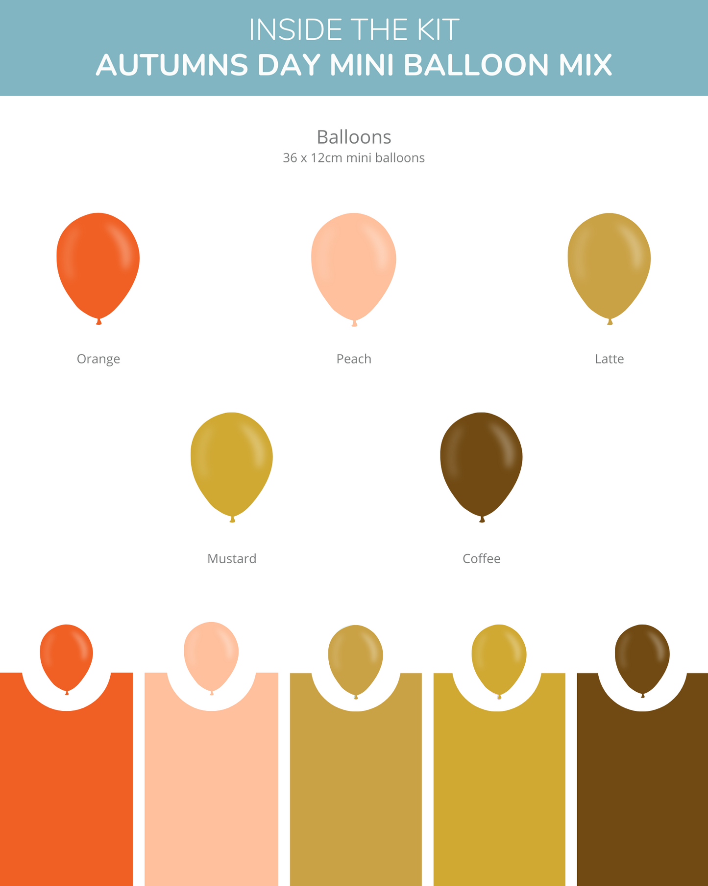 Colorful mini balloons in orange, peach, latte, mustard, and coffee shades arranged for a festive autumn theme.