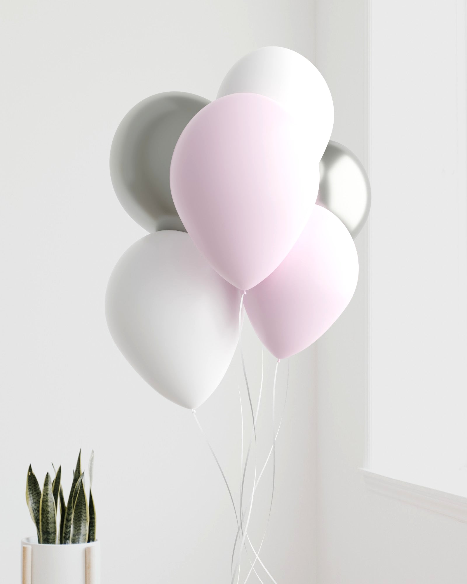 A cluster of pink, white, and silver balloons floats near a window, accompanied by green plants in a modern pot.