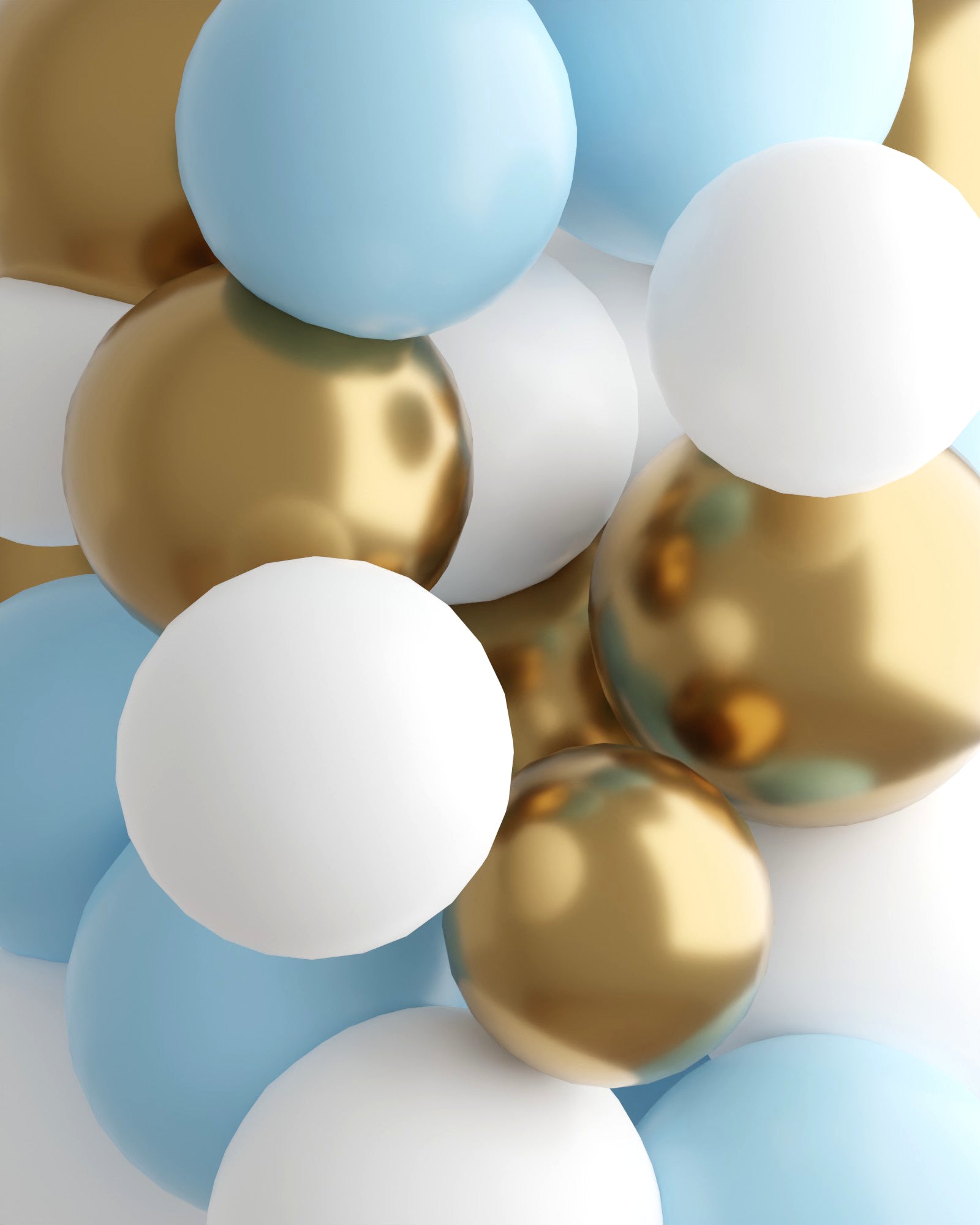 A mix of blue, white, and gold spherical shapes arranged closely, creating a vibrant and festive composition.