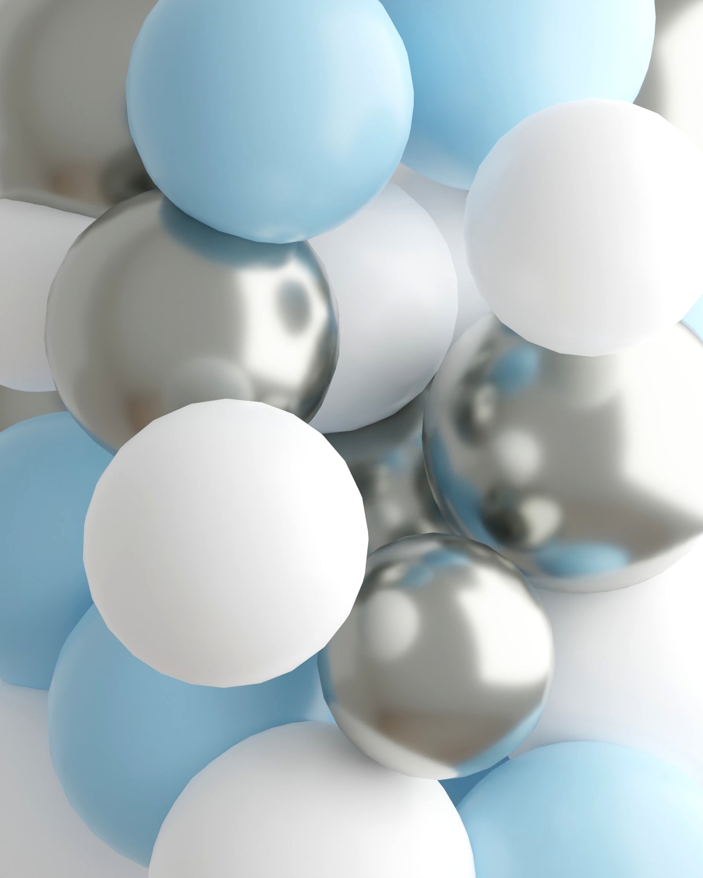 A vibrant mix of light blue, white, and silver spheres clustered together, creating a festive and airy atmosphere.