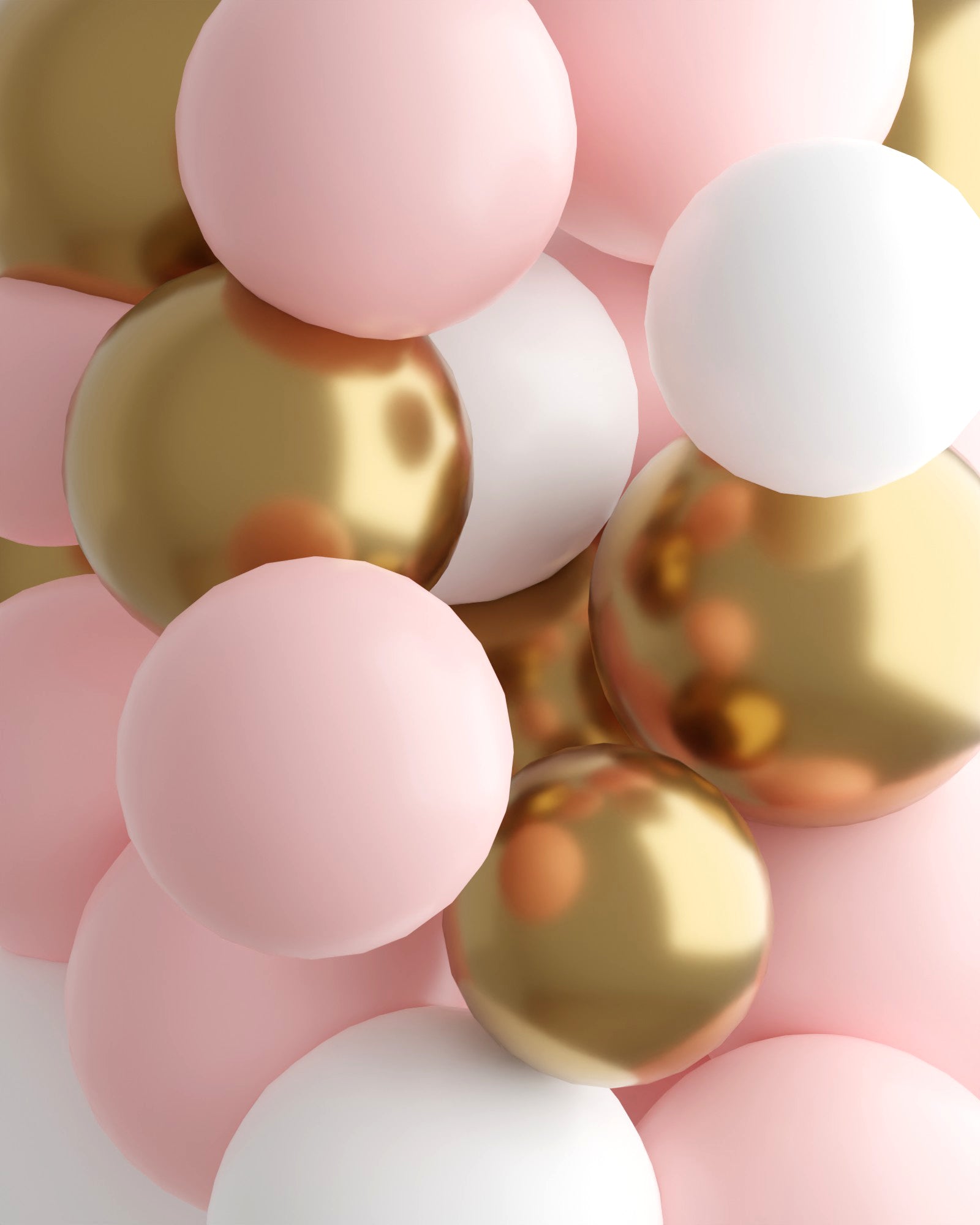 A cluster of pink, white, and gold spheres, creating a festive and vibrant arrangement.