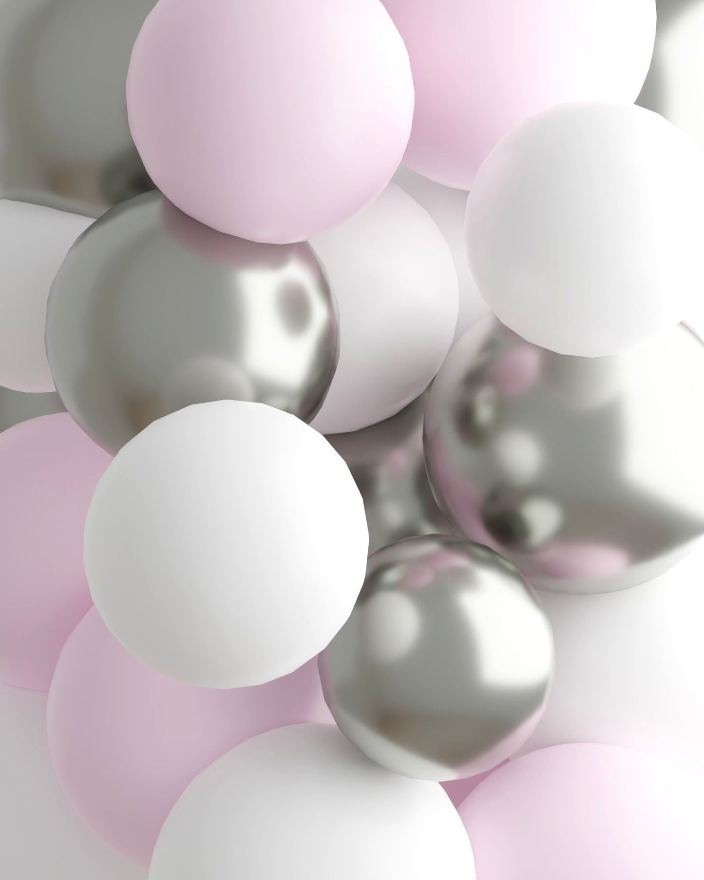 A cluster of pink, white, and silver spheres, creating a soft and playful atmosphere.