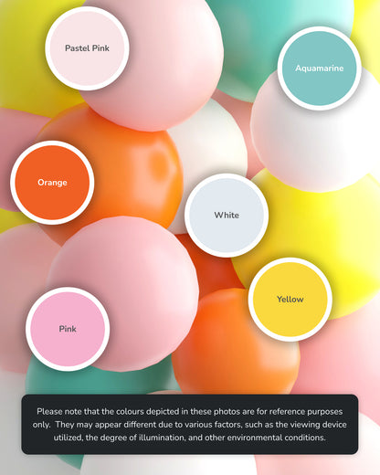 Colorful spheres in pastel shades of pink, orange, yellow, aquamarine, and white create a vibrant, playful composition.