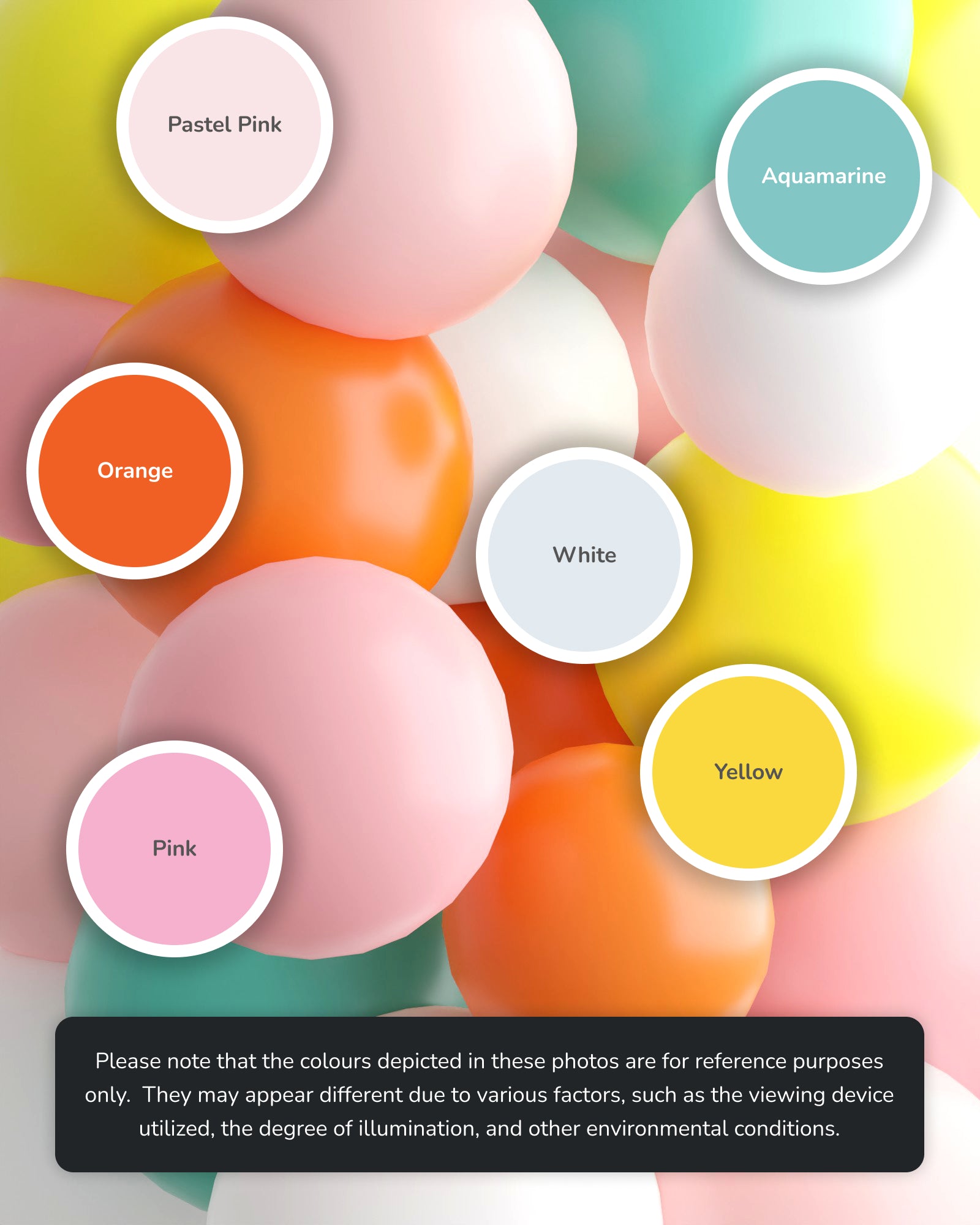 Colorful spheres in pastel shades of pink, orange, yellow, white, and aquamarine arranged playfully on a bright background.