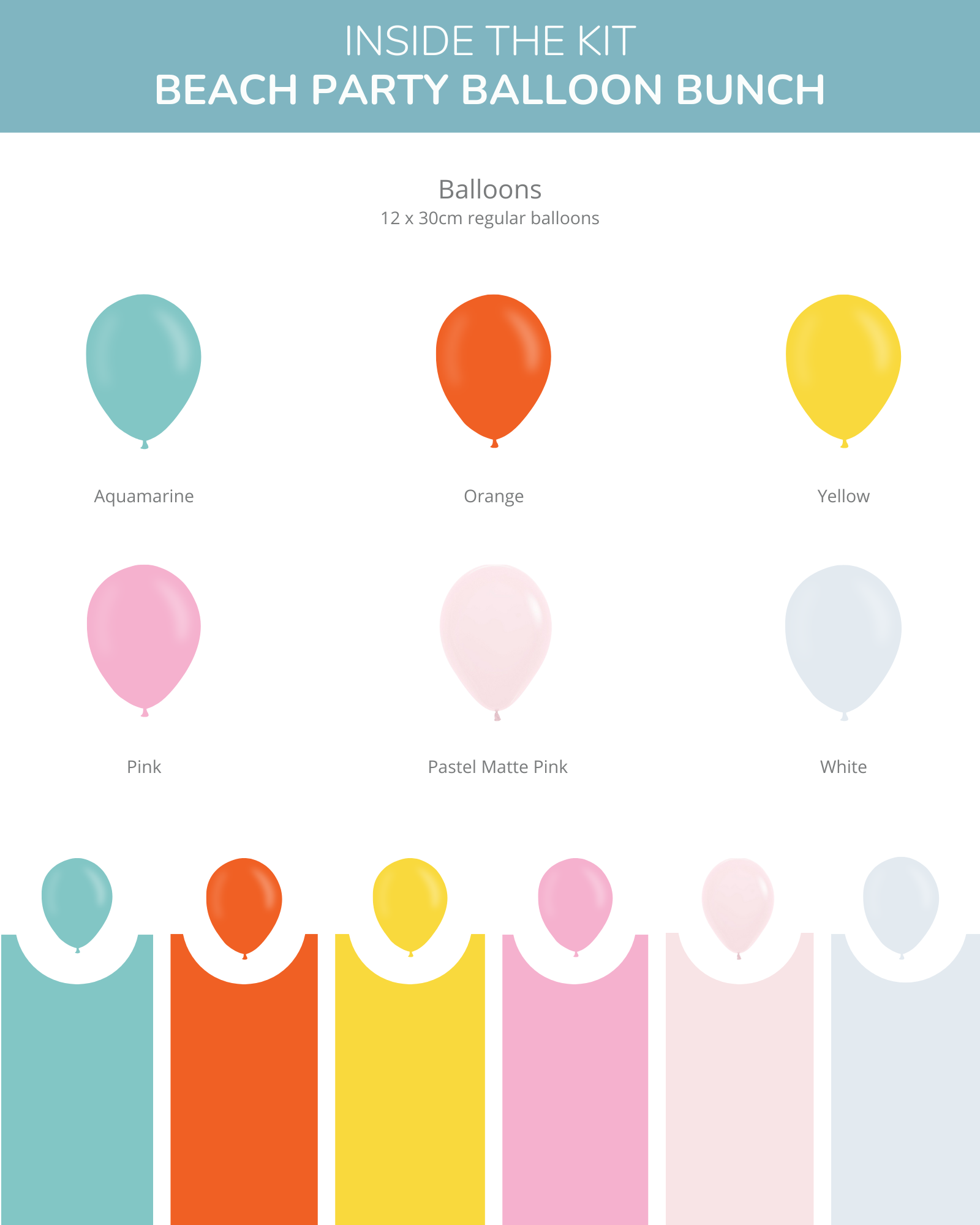 A collection of colorful balloons in aquamarine, orange, yellow, pink, and white, arranged in a playful layout.