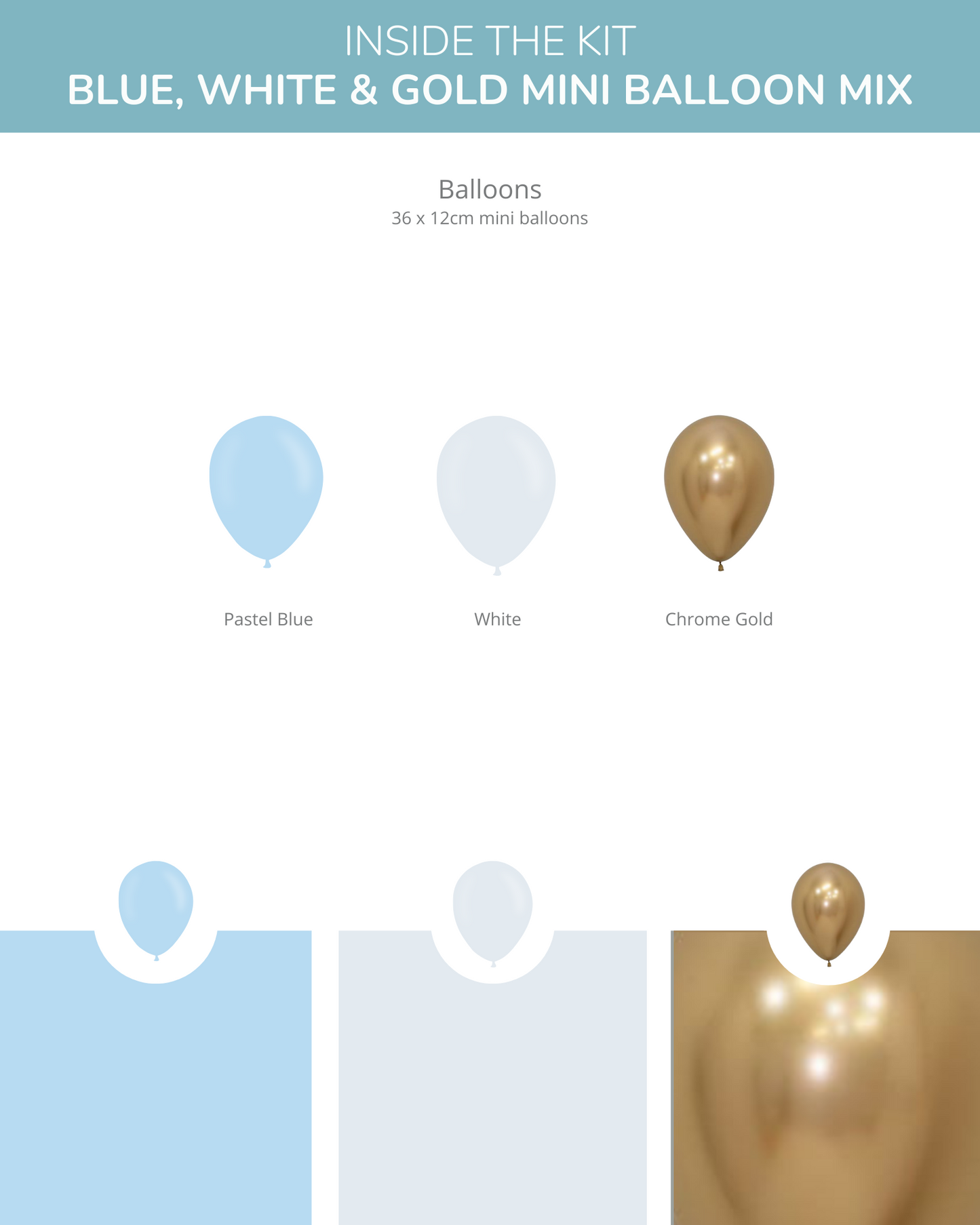 Pastel blue, white, and chrome gold balloons arranged in a clean layout with labels indicating colors and sizes.