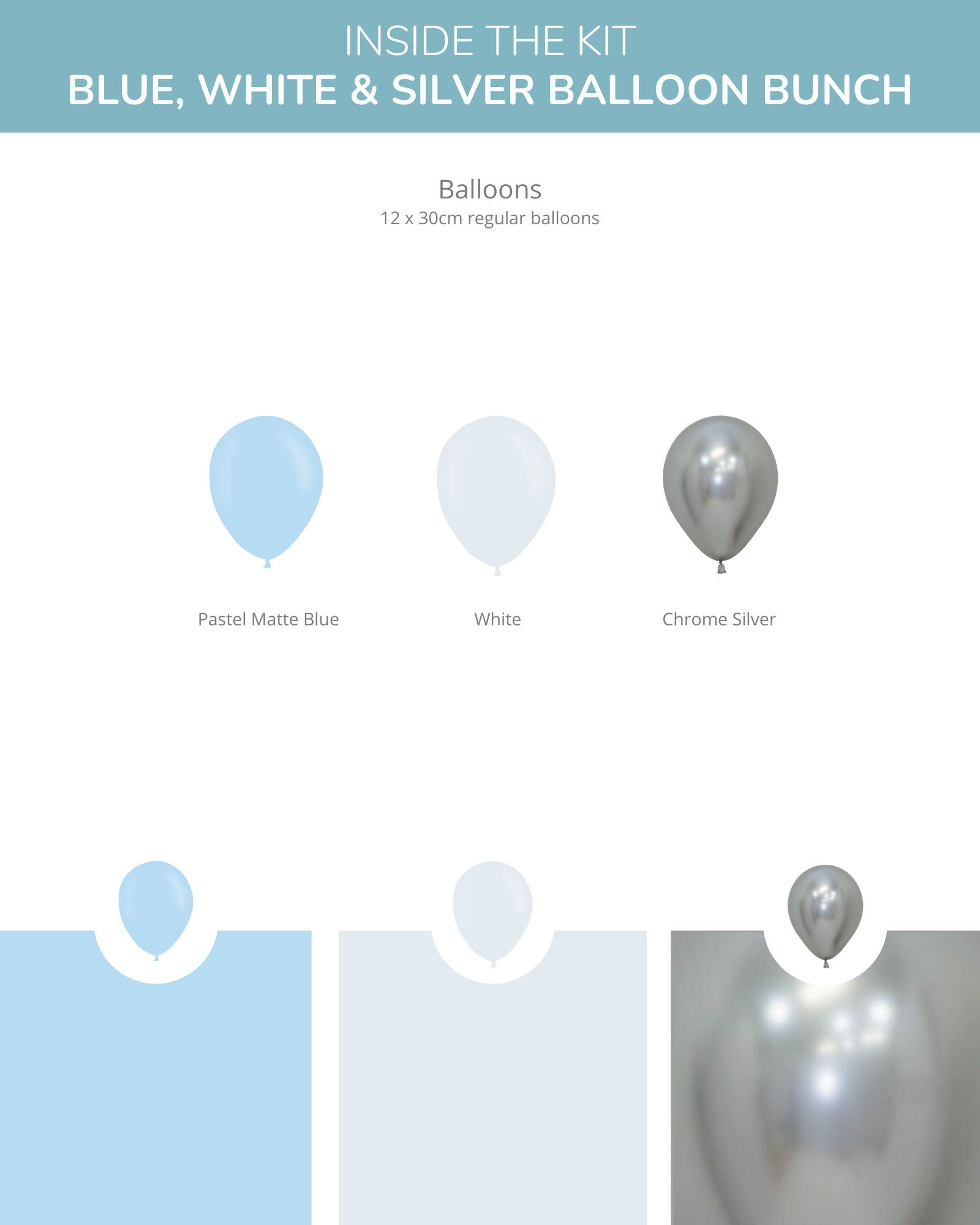 A collection of pastel blue, white, and chrome silver balloons displayed in a clean, minimalist layout.