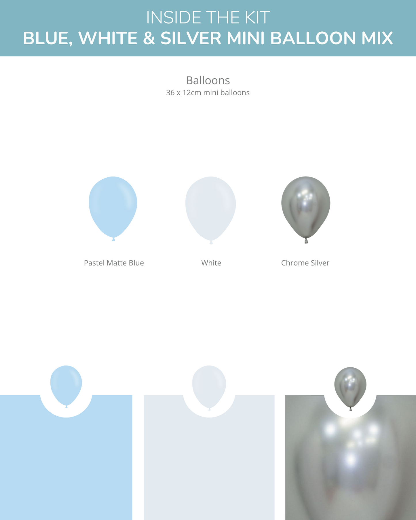 A mix of pastel blue, white, and chrome silver mini balloons displayed with soft backgrounds.