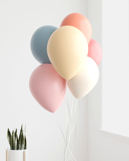 A cluster of softly colored balloons in pastel shades, with a leafy plant in a white pot nearby.