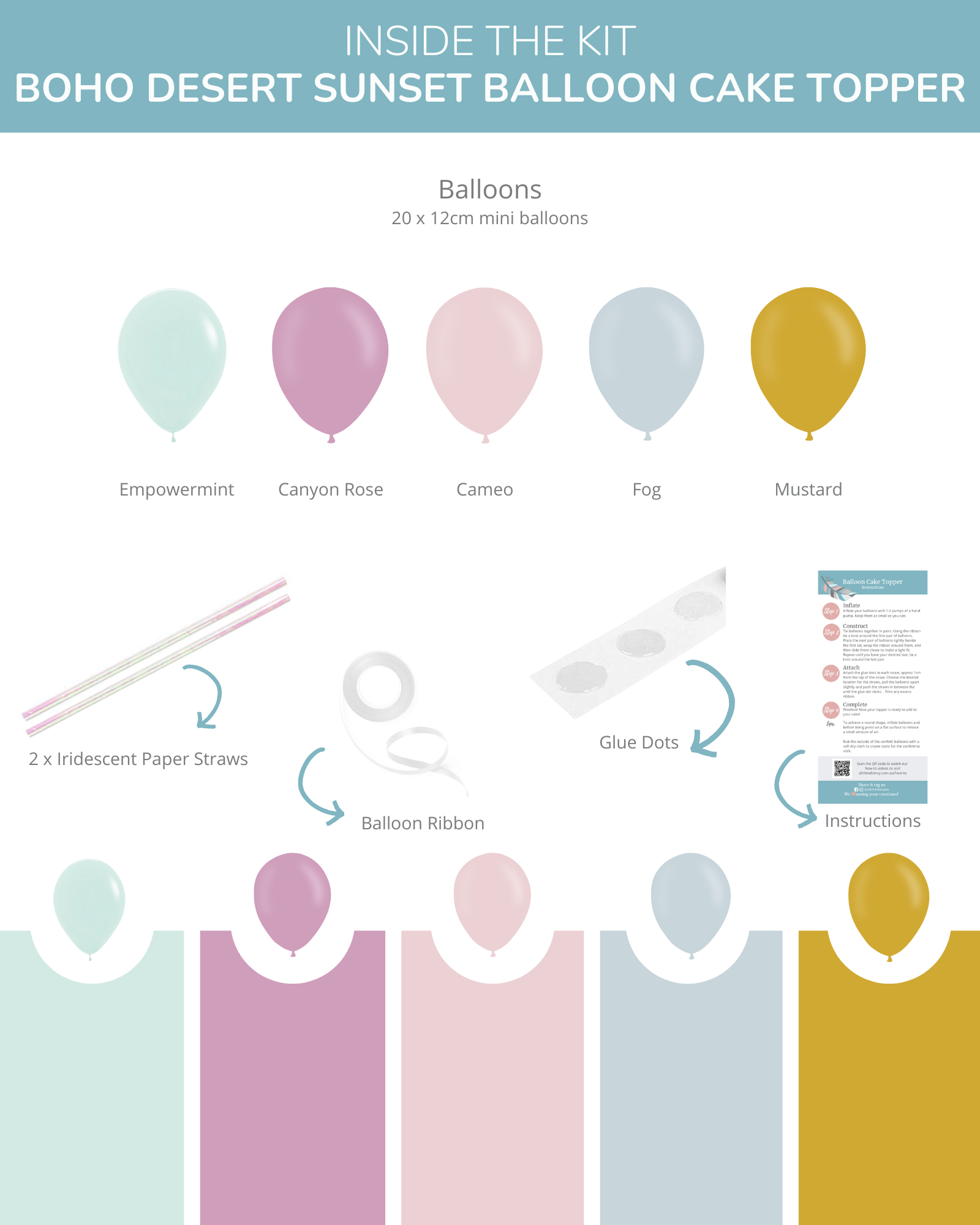 A set of pastel mini balloons in various colors with paper straws, ribbon, glue dots, and instructions for decoration.