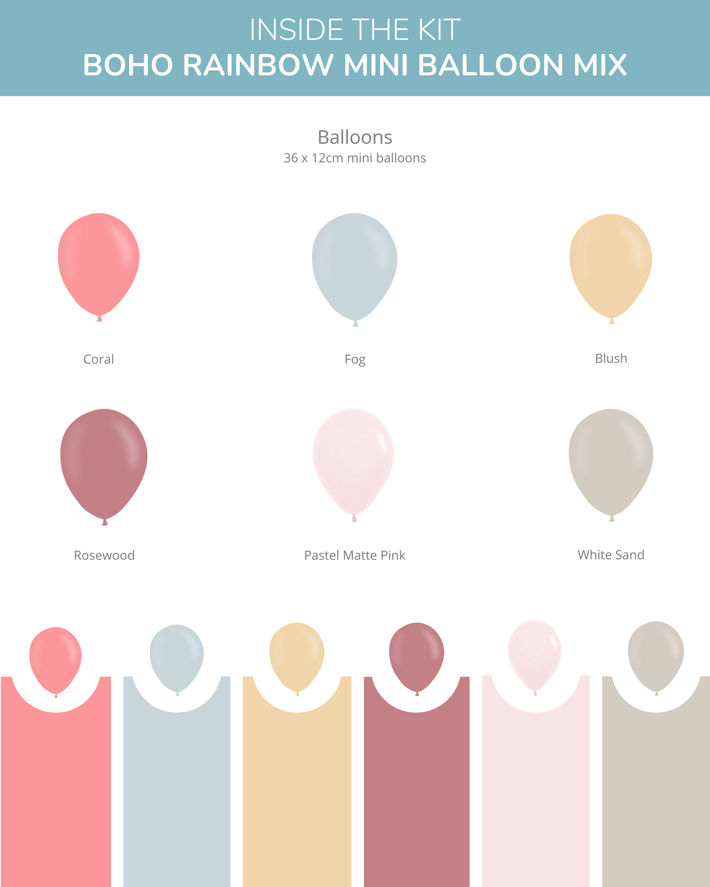 A variety of pastel-colored mini balloons in shades of coral, fog, blush, and more, arranged neatly with color swatches.