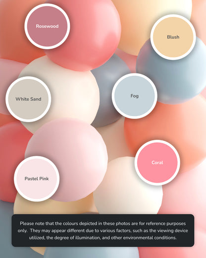 Soft, round shapes in pastel hues, labeled with color names like Rosewood and Blush, create a gentle visual palette.