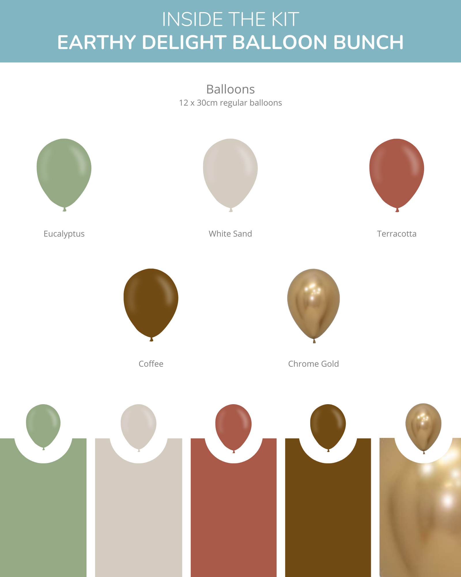 A collection of earthy-toned balloons in eucalyptus, white sand, terracotta, coffee, and chrome gold.