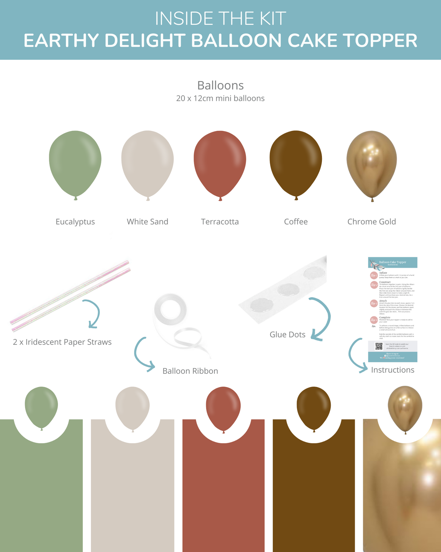 A set of earth-toned mini balloons in eucalyptus, white, terracotta, coffee, and chrome gold, with straws and instructions.