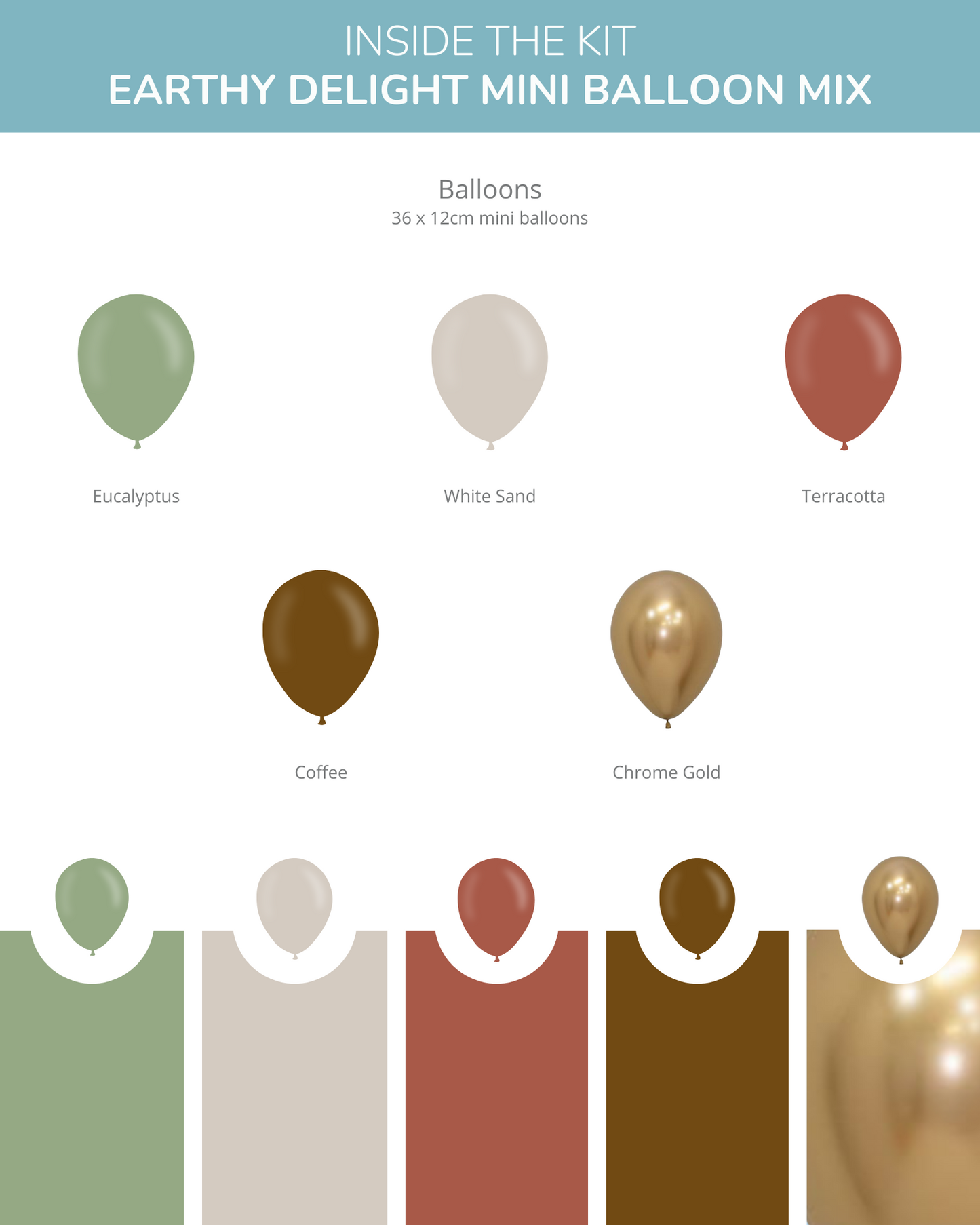 A collection of mini balloons in earthy tones: eucalyptus, white sand, terracotta, coffee, and chrome gold.