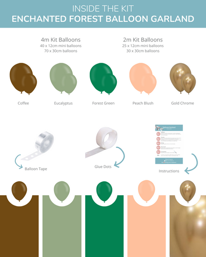 Colorful balloon garland featuring earthy tones like coffee, eucalyptus, forest green, peach blush, and gold chrome.