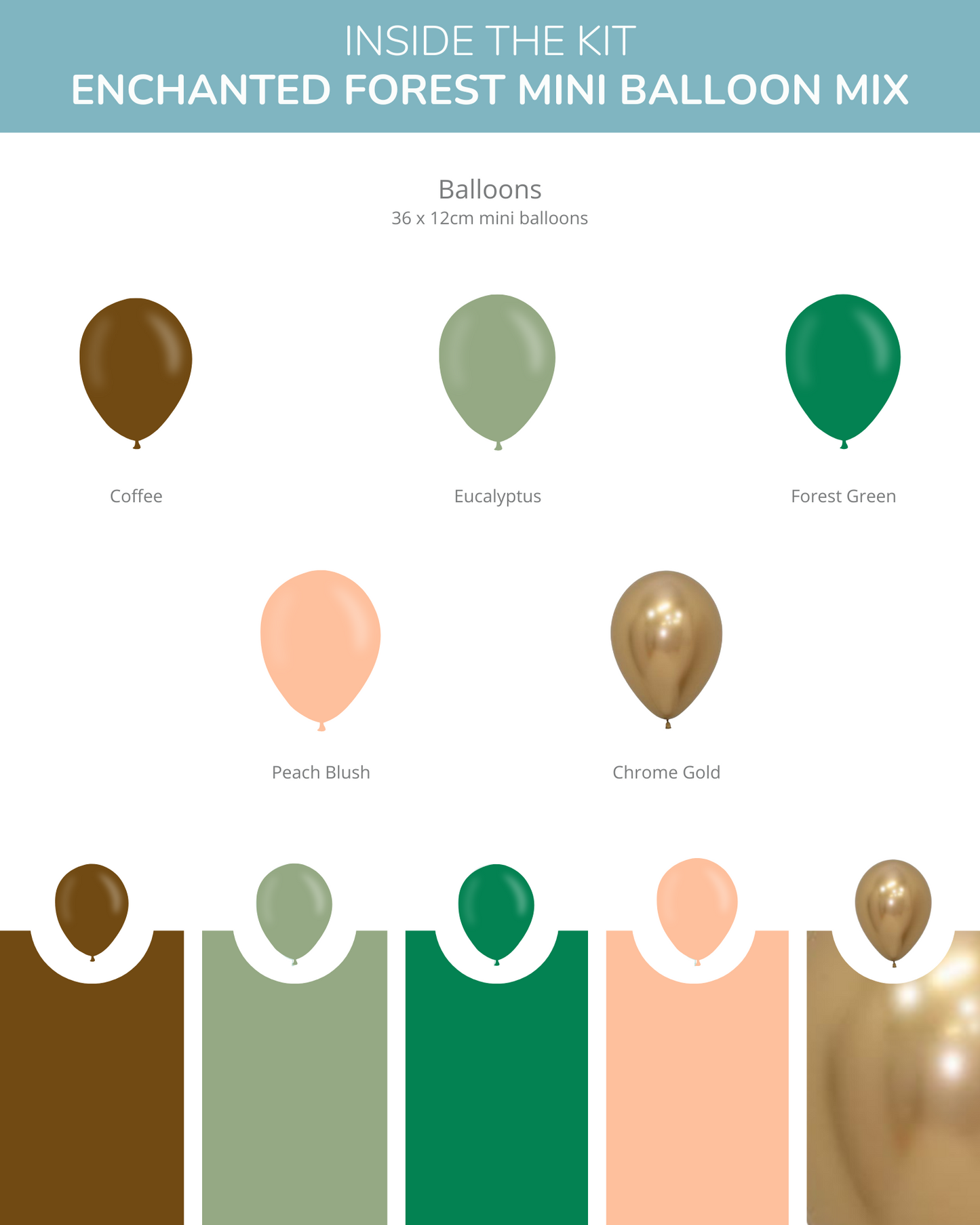 Colorful mini balloons in earthy tones, featuring shades like Coffee, Eucalyptus, and Chrome Gold. Perfect for celebrations.