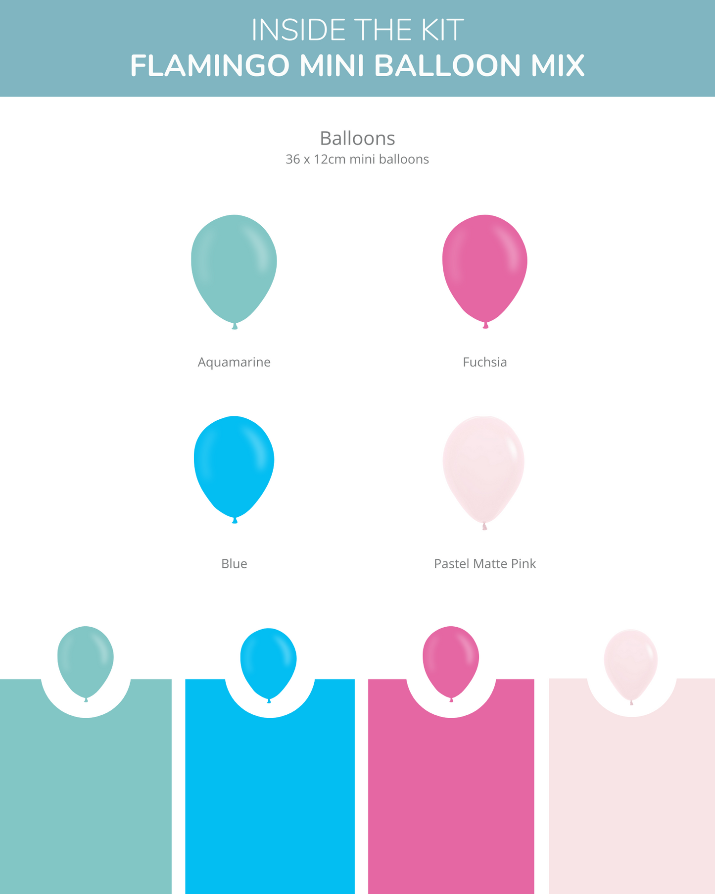 Aqua, blue, fuchsia, and pastel pink mini balloons displayed against colorful backgrounds.