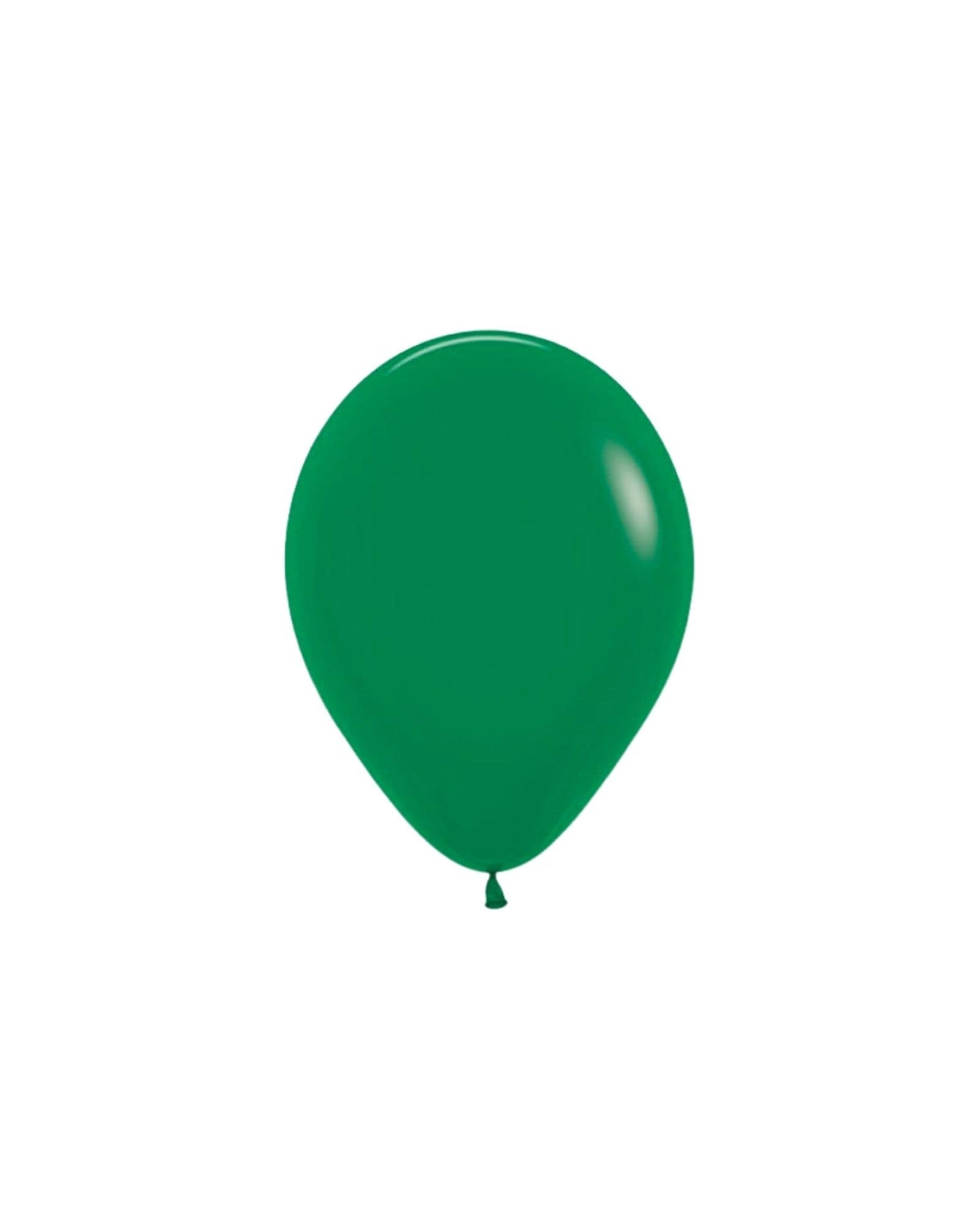 Shiny forest green balloon with a smooth surface, gently tapered at the bottom, set against a white background.