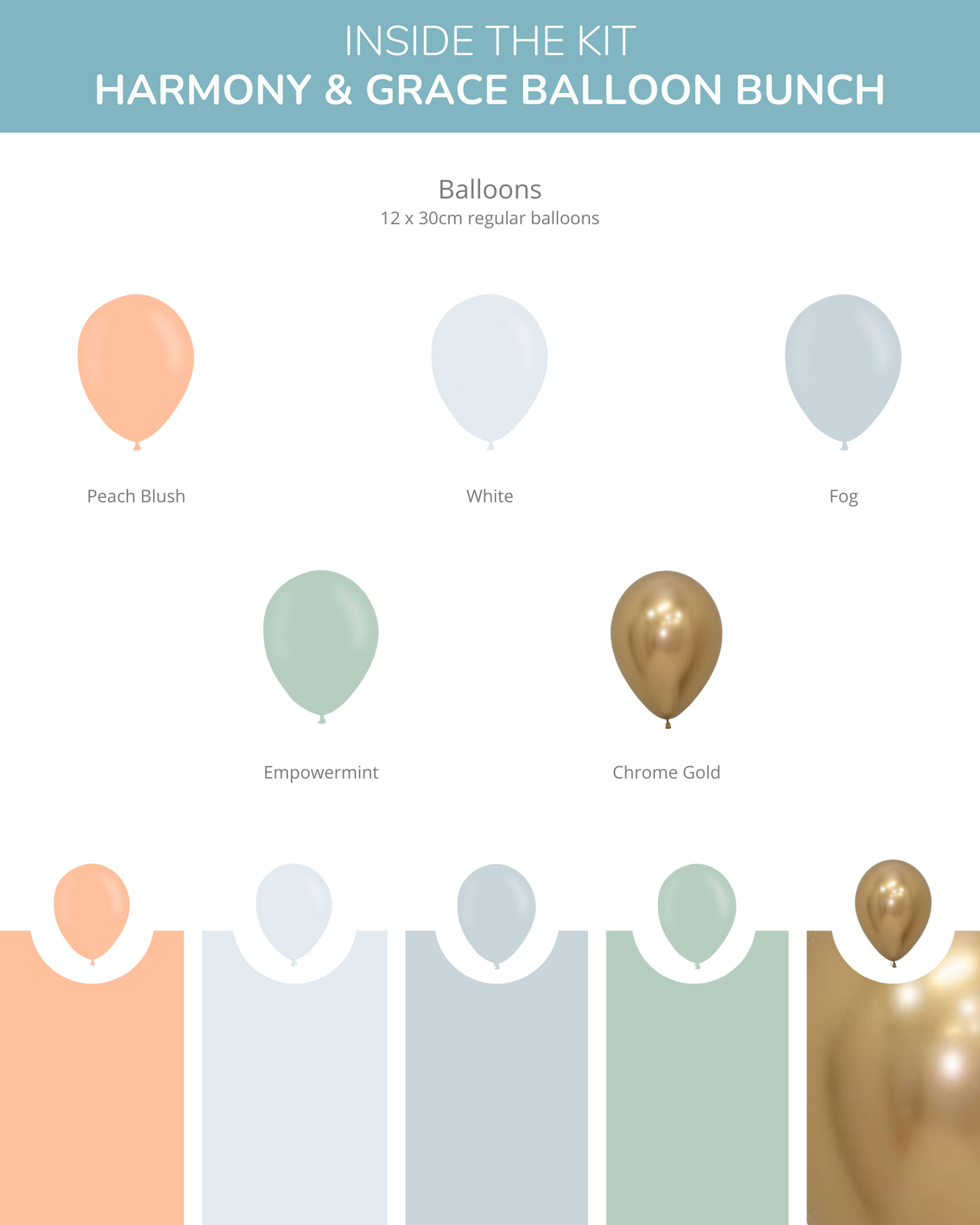 A colorful assortment of balloons in peach, white, fog, empowermint, and chrome gold shades displayed on a soft backdrop.