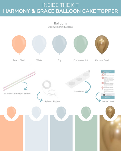 A collection of pastel mini balloons in peach, white, fog, empowermint, and chrome gold, with straws and glue dots.