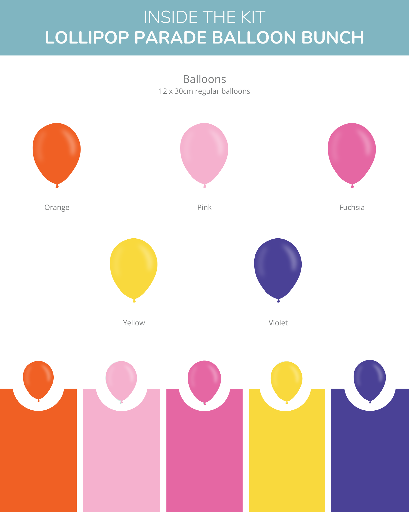 A collection of colorful balloons in orange, pink, fuchsia, yellow, and violet displayed on a bright background.