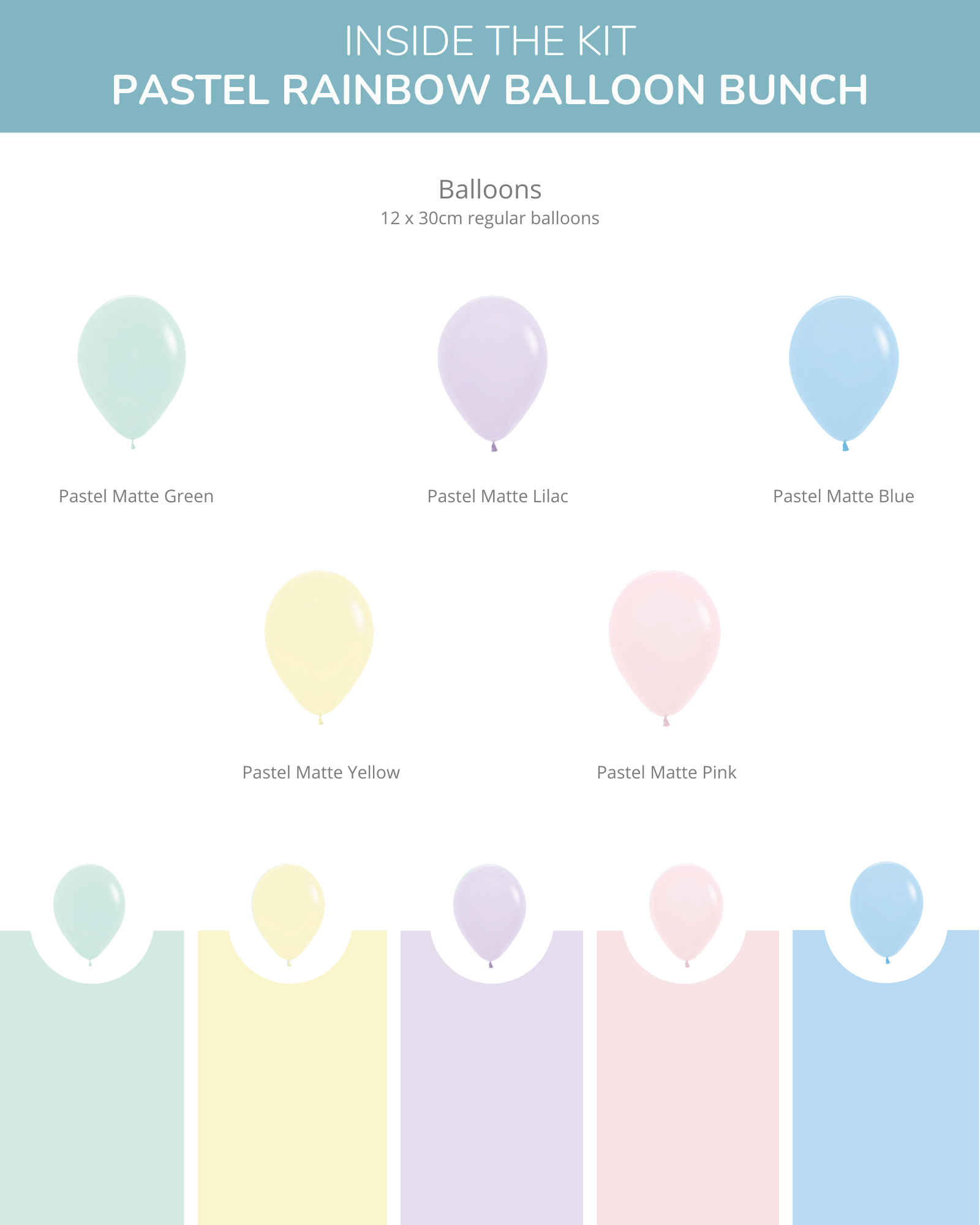 A collection of pastel balloons in green, lilac, yellow, blue, and pink arranged with matching background colors.