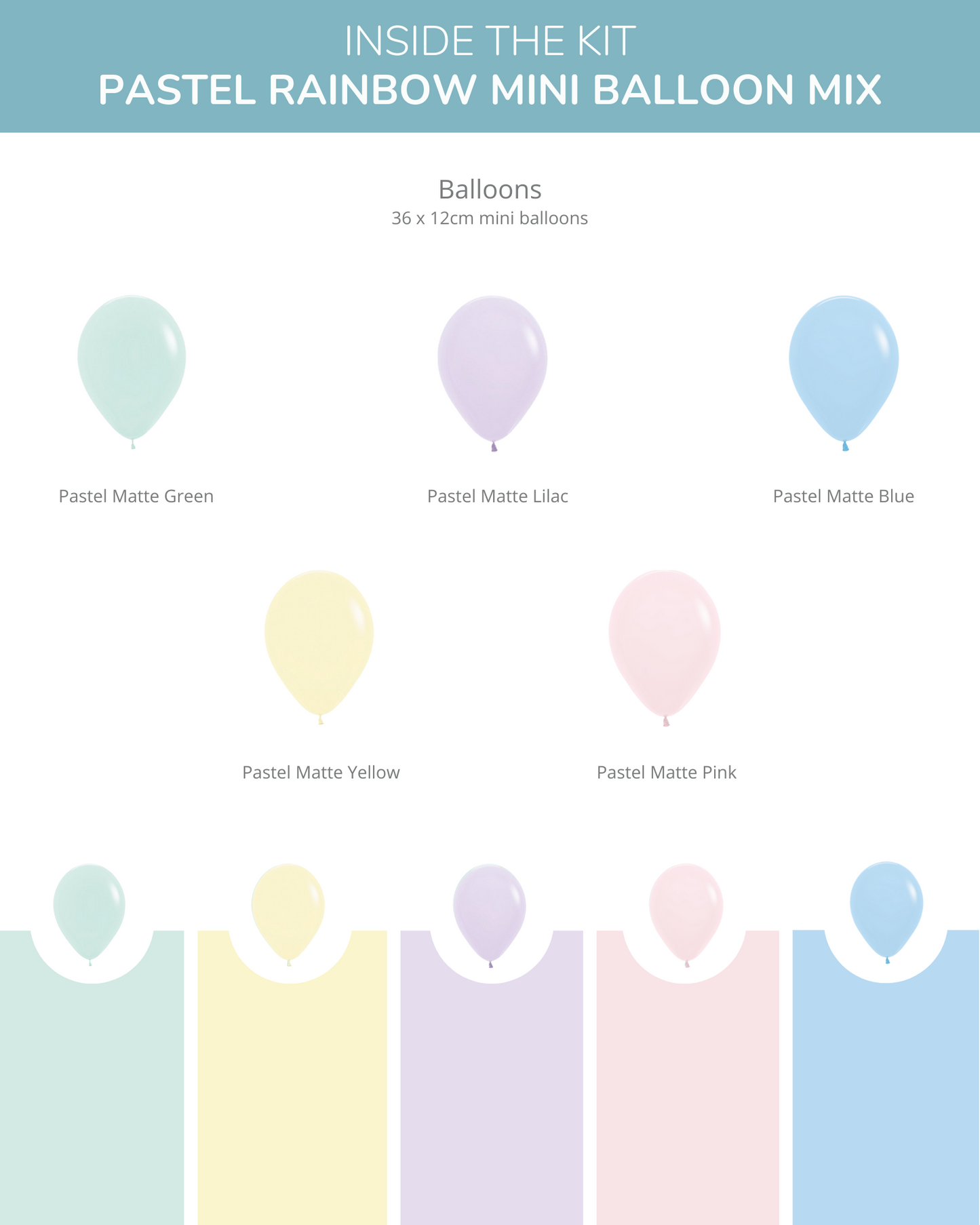 A collection of six pastel balloons in green, lilac, blue, yellow, pink, and a colorful background.