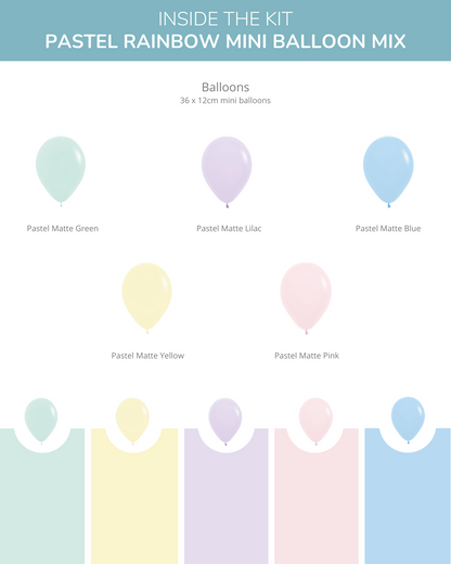 A collection of six pastel balloons in green, lilac, blue, yellow, pink, and a colorful background.