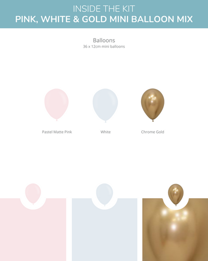 A mix of pastel matte pink, white, and chrome gold mini balloons arranged in a clean layout.