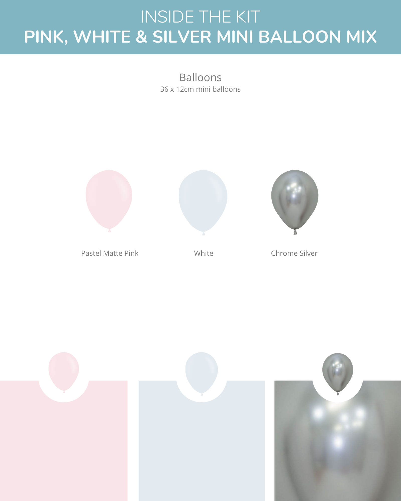 A pastel pink, white, and chrome silver balloon arrangement on a clean, light background.