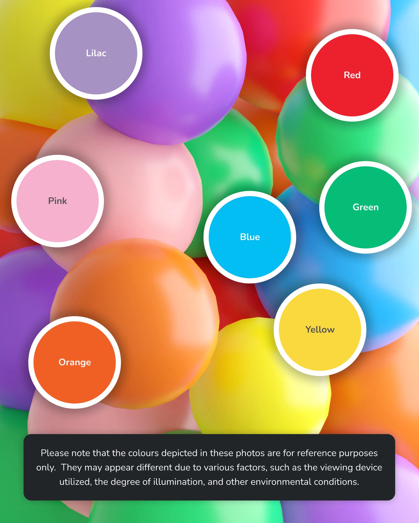 Colorful spheres in various shades, labeled with names like lilac, red, and yellow, create a vibrant visual display.