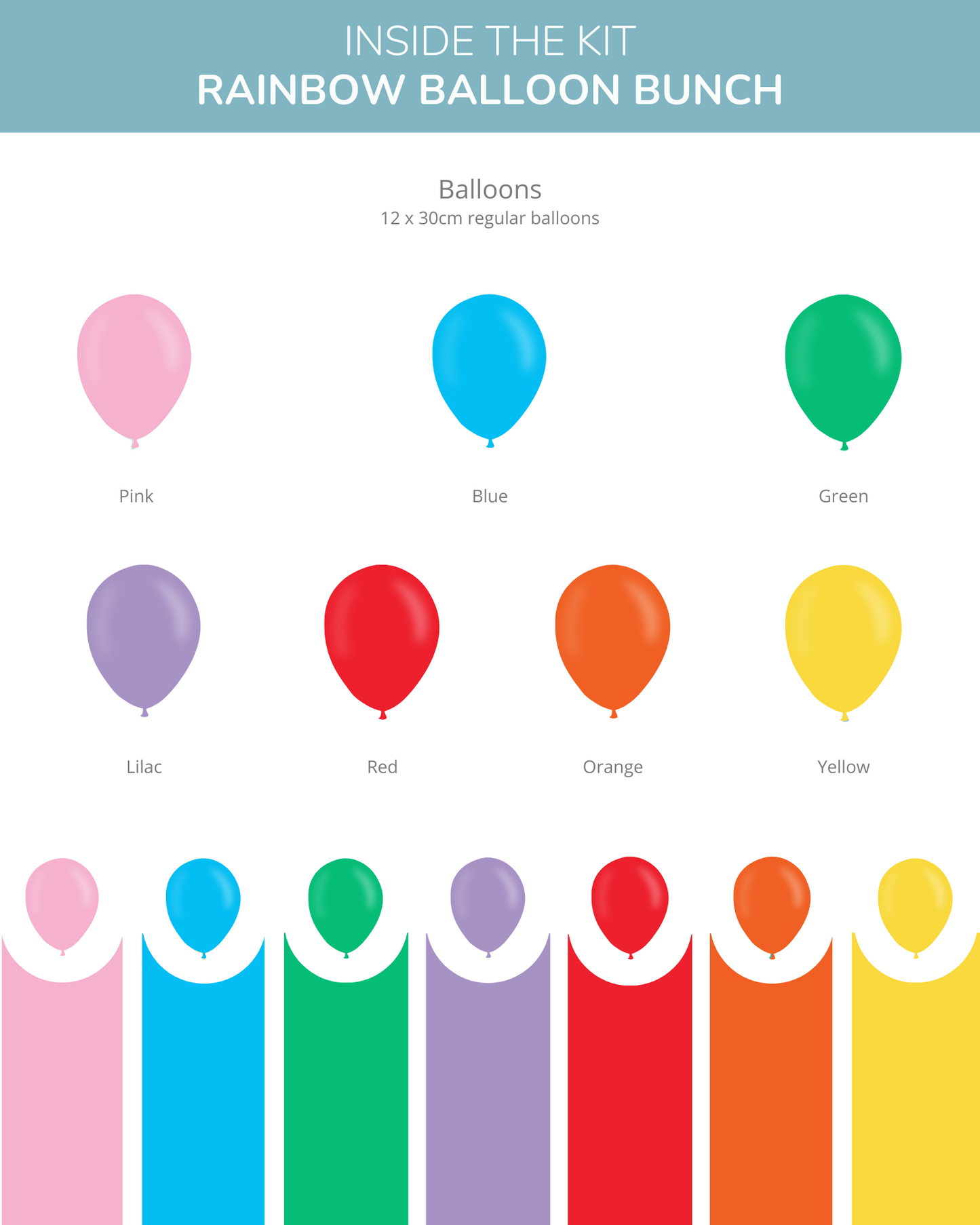 Colorful balloons in pink, blue, green, lilac, red, orange, and yellow arranged in a vibrant display.