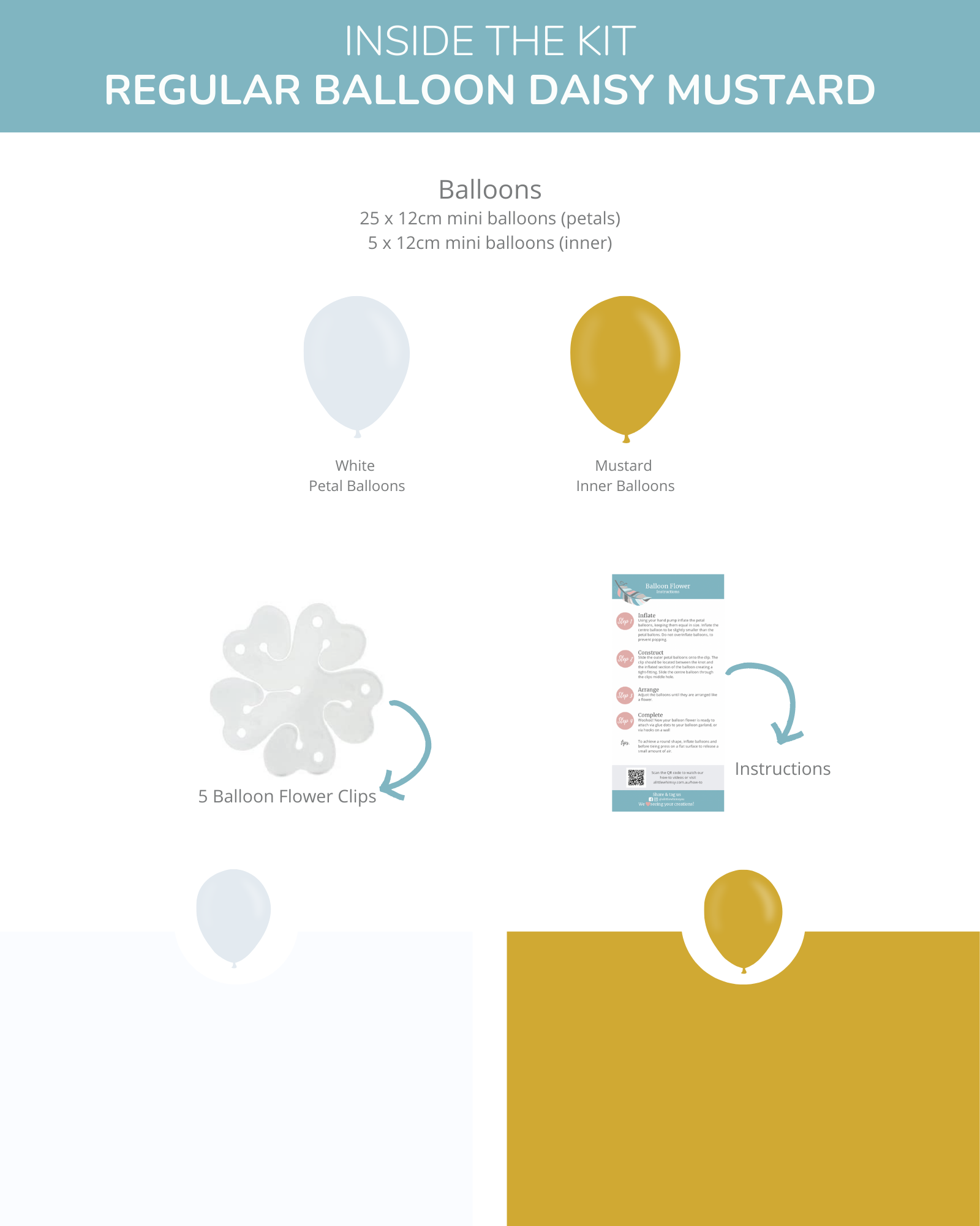 Set of balloons in white and mustard, alongside flower clips and instructions for assembly.