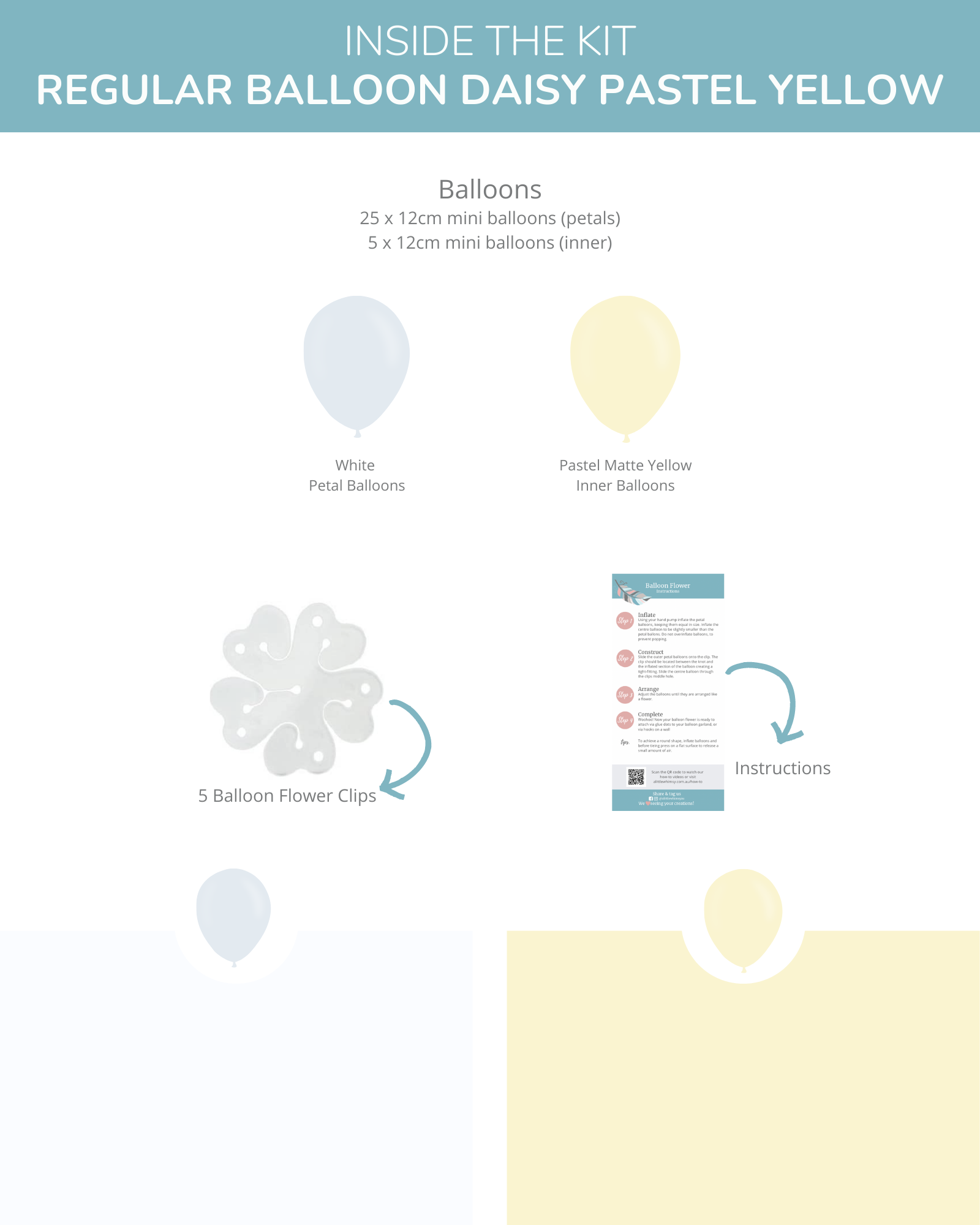 Pastel yellow and white balloons, flower clips, and instructions for creating a decorative arrangement.