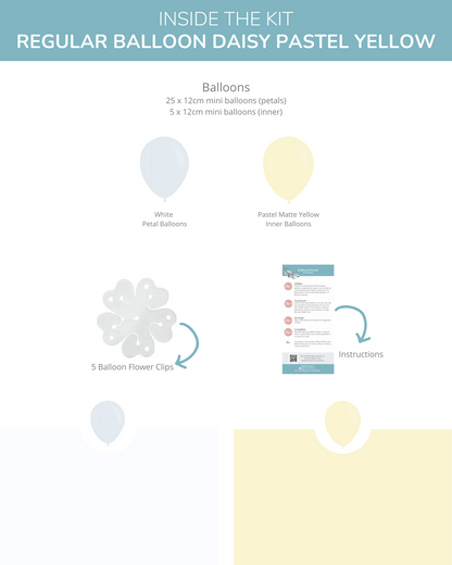 Pastel yellow and white balloons, flower clips, and instructions for creating a decorative arrangement.