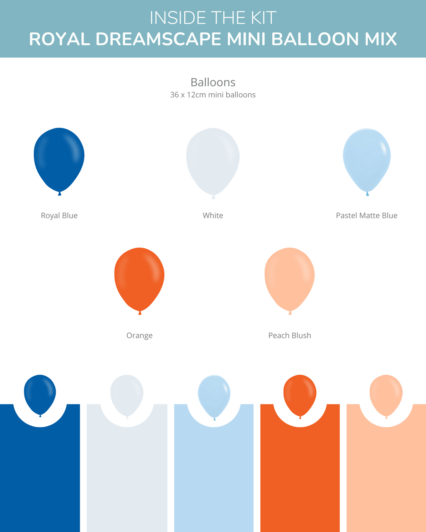 A vibrant mix of balloons in royal blue, white, pastel matte blue, orange, and peach blush arranged neatly.