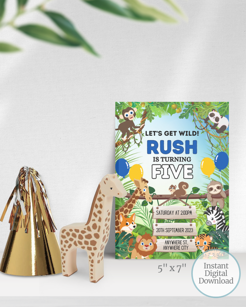 Colorful birthday invitation featuring a jungle theme with animals and vibrant balloons, celebrating a child's fifth birthday