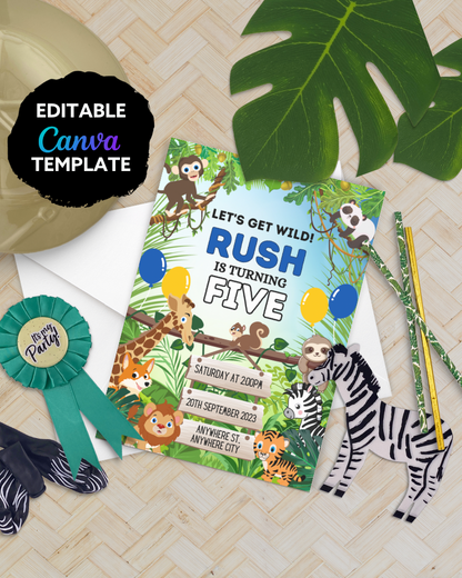 Colorful jungle-themed invitation featuring playful animals, balloons, and party details for a birthday celebration.