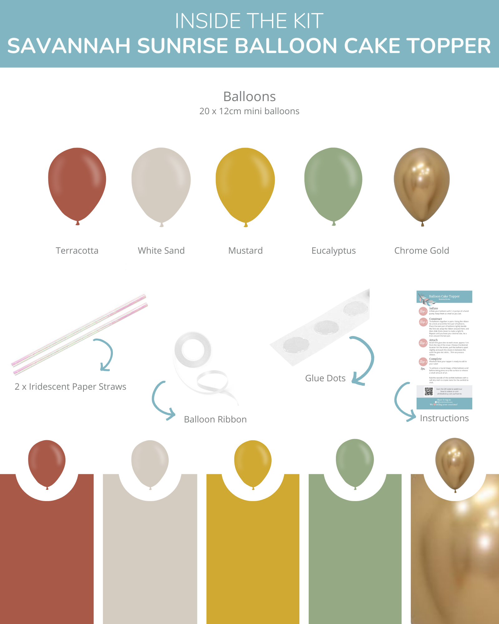 Colorful mini balloons in terracotta, white, mustard, eucalyptus, and chrome gold with decorative straws and instructions.